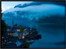 Chmury, Hallstatt, Austria, Zabudowania, Jezioro, Noc